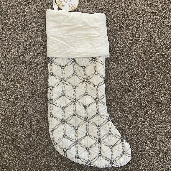 Set of 2 Beaded Christmas Stockings Cream Silver Geometric Design NWT - Picture 1 of 2